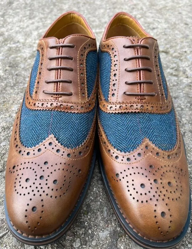 Mens Blue Tweed 2 Tone Color Leather Shoes