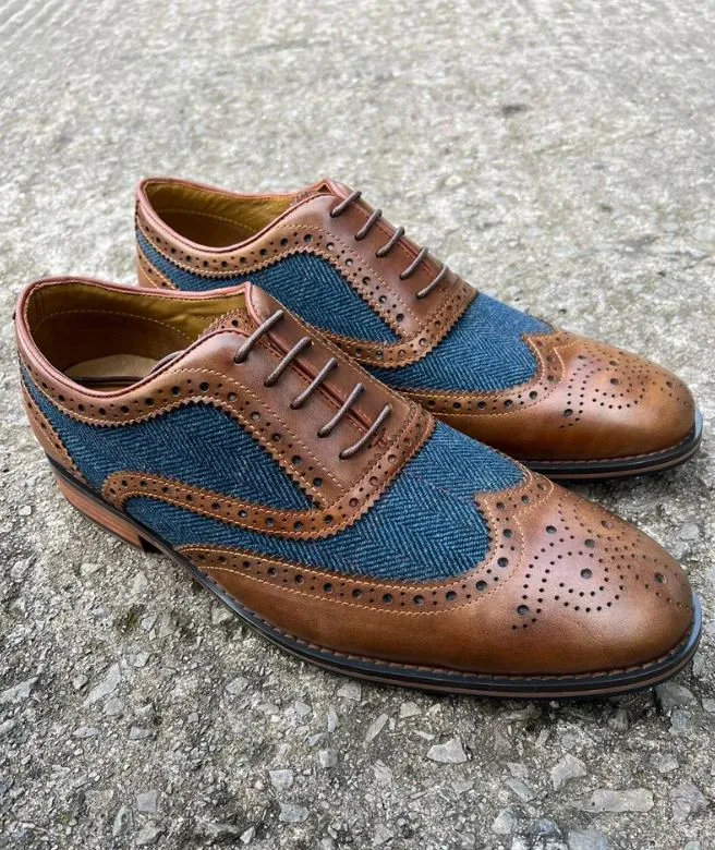 Mens Blue Tweed 2 Tone Color Leather Shoes