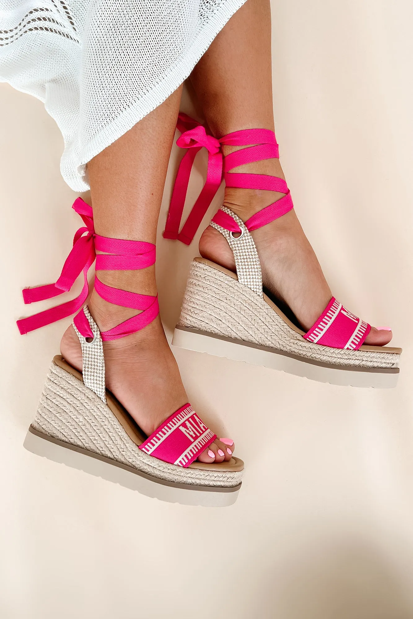 Miami Times Ankle Wrap Espadrille Wedges (Fuchsia/Bone)