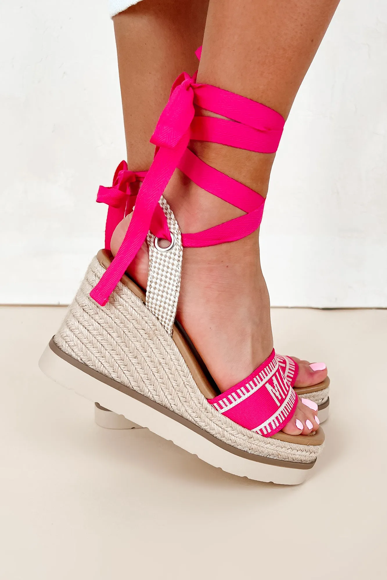 Miami Times Ankle Wrap Espadrille Wedges (Fuchsia/Bone)