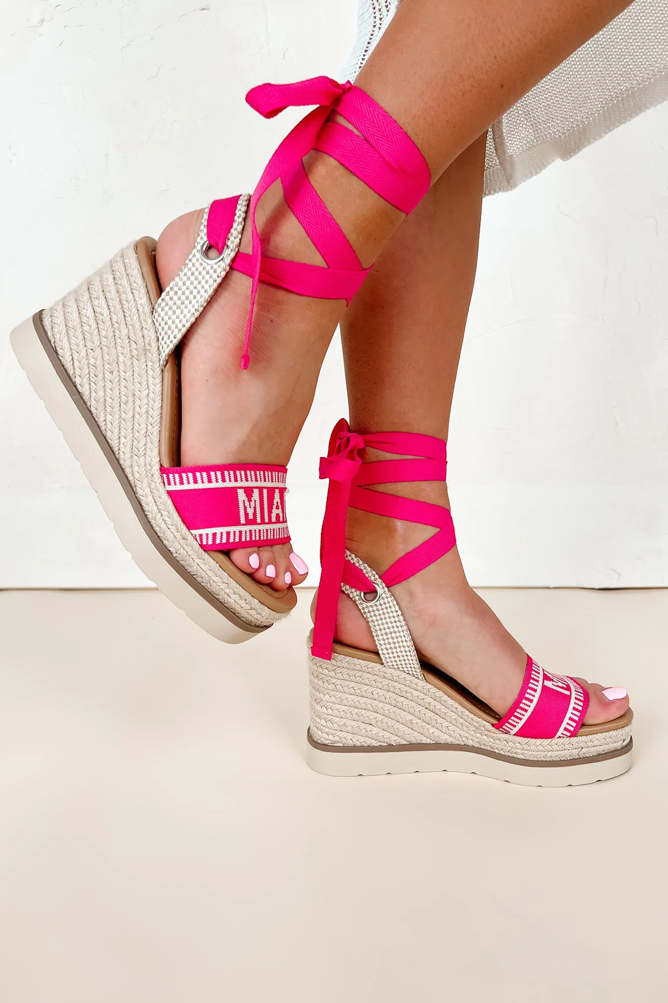 Miami Times Ankle Wrap Espadrille Wedges (Fuchsia/Bone)
