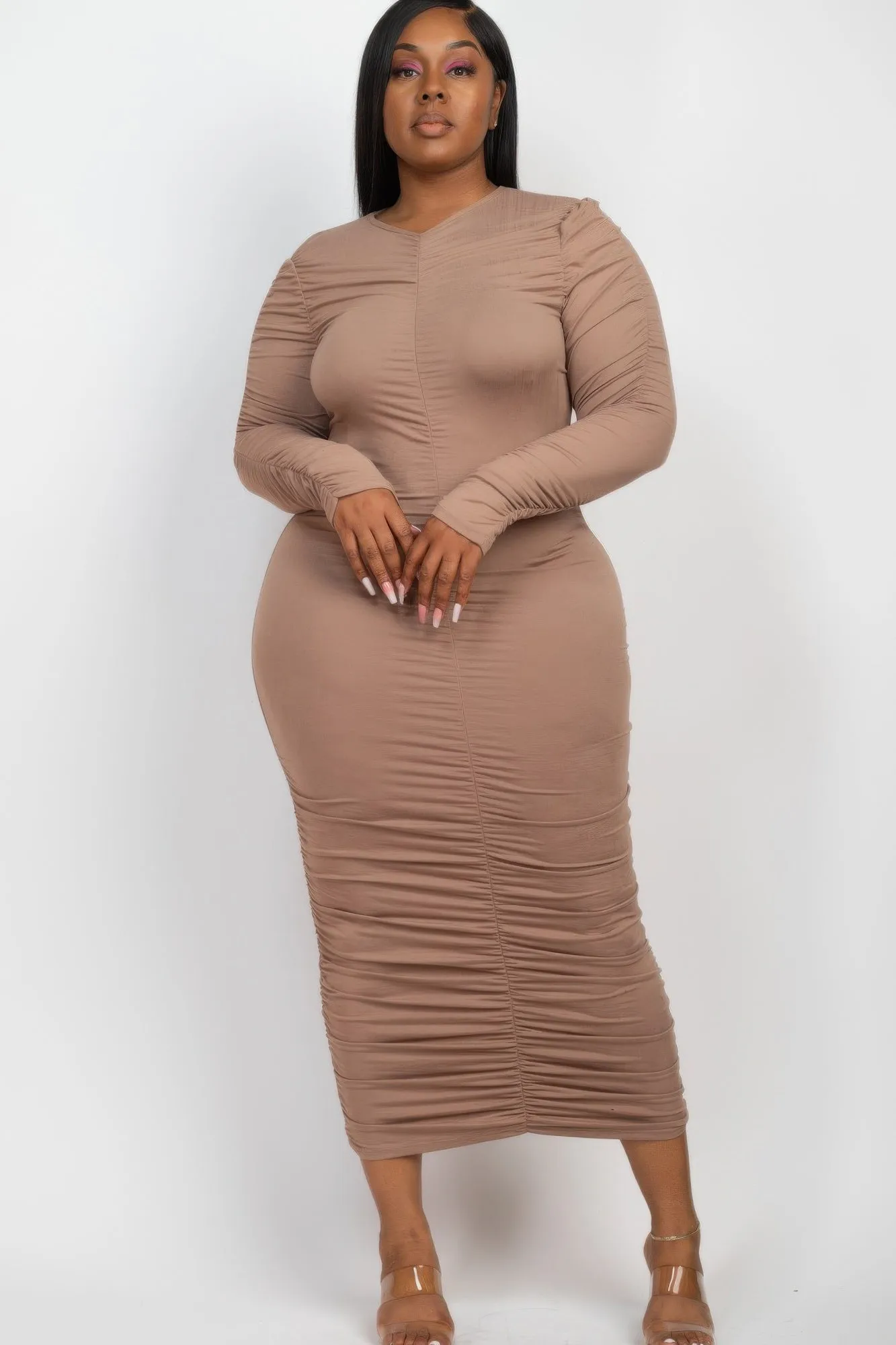 Plus Size Ruched Long Sleeve Midi Dress