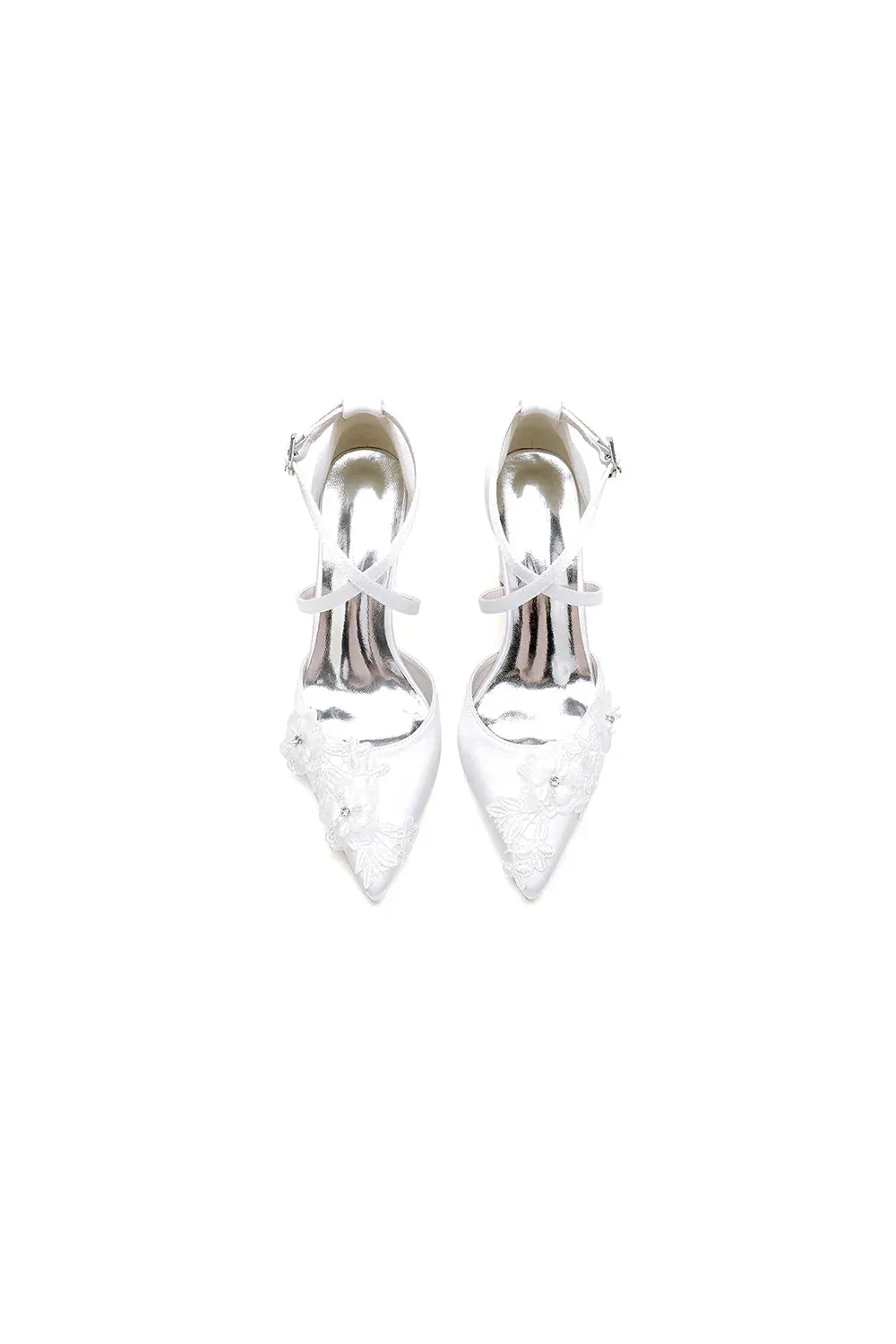 Pointed Toe Ivory Chunky Heels with Lace