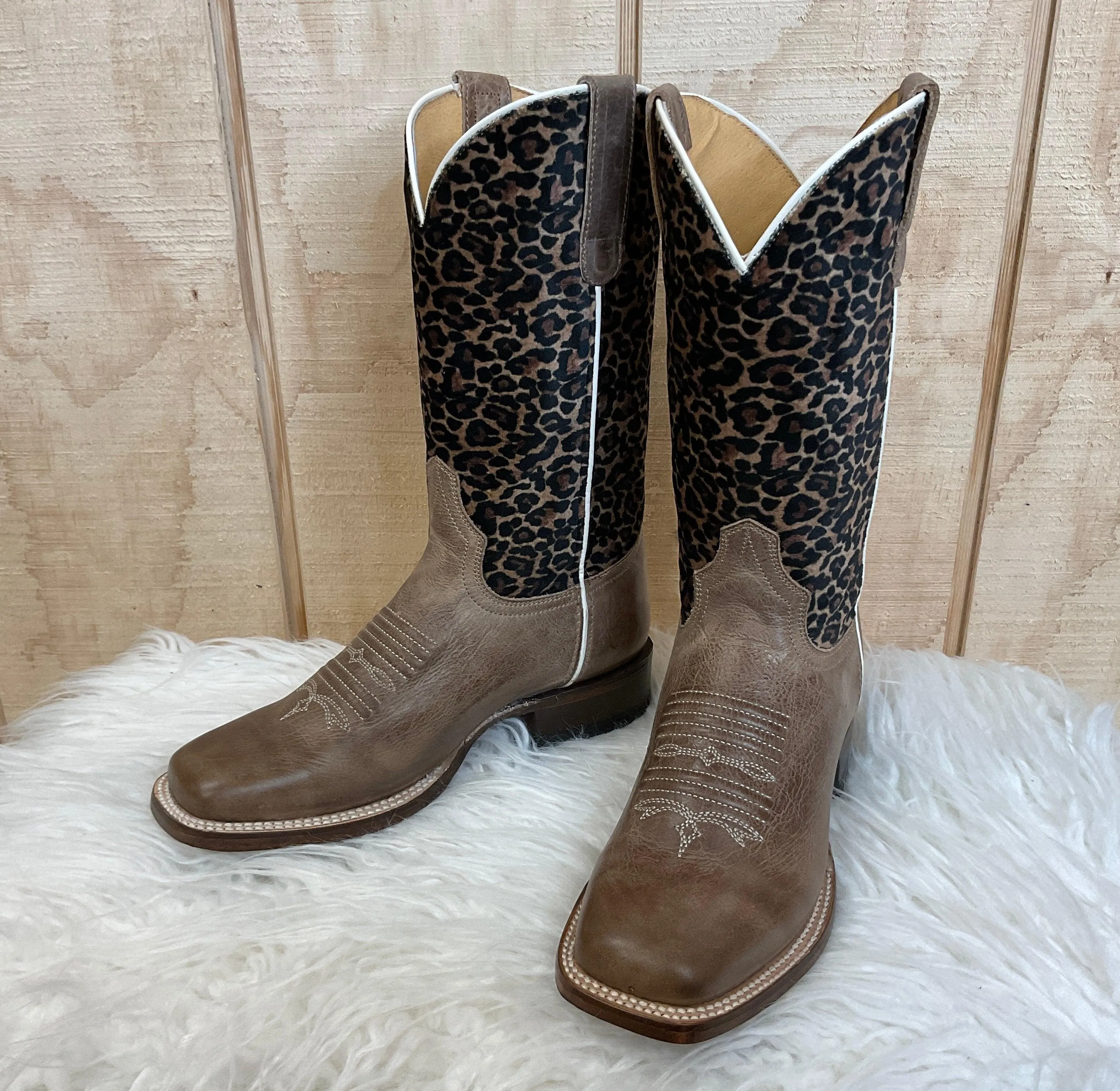 Roper Women's Waxy Brown Leather & Cheetah Top Square Toe Cowgirl Boots 7016-8260
