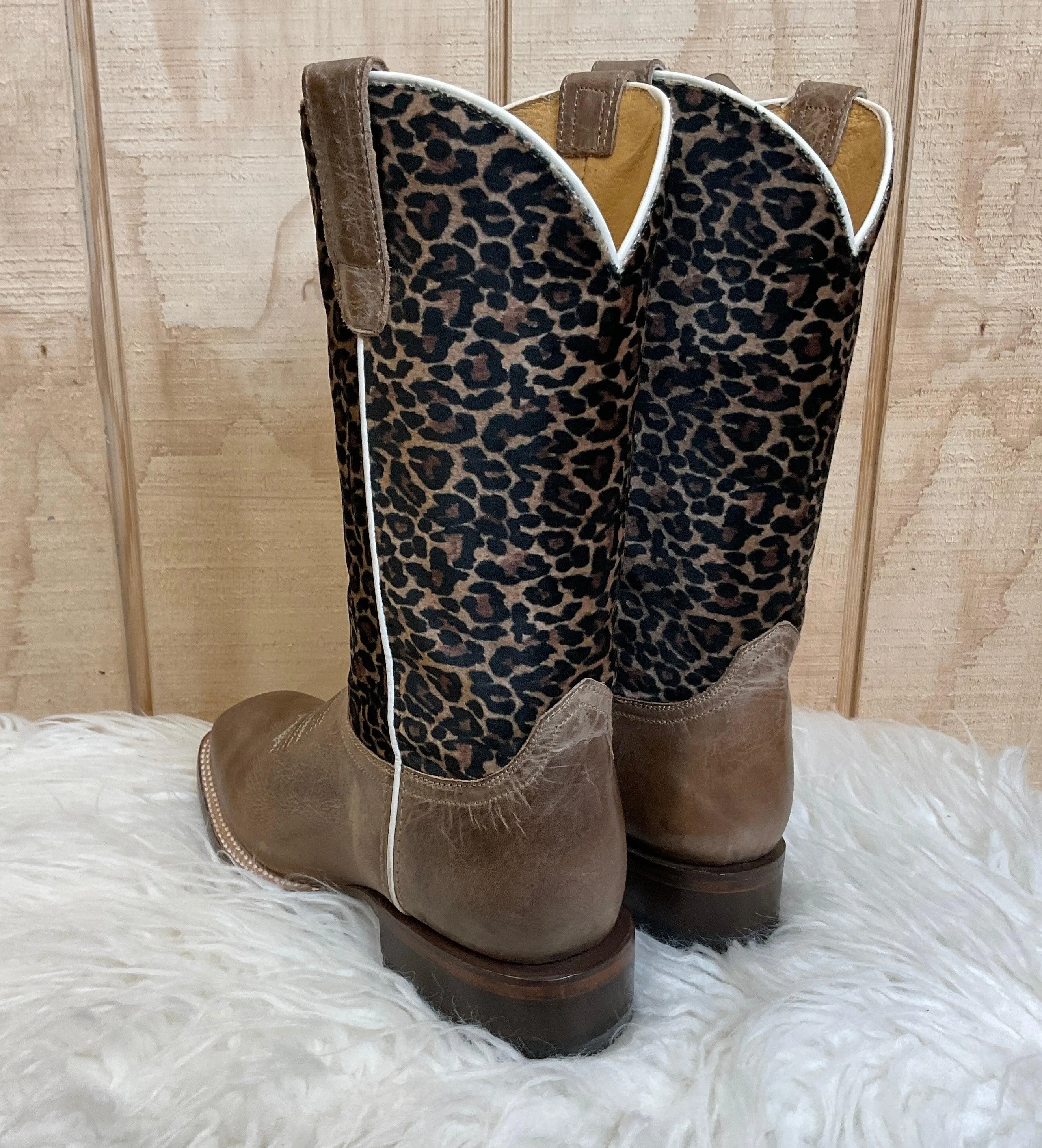 Roper Women's Waxy Brown Leather & Cheetah Top Square Toe Cowgirl Boots 7016-8260