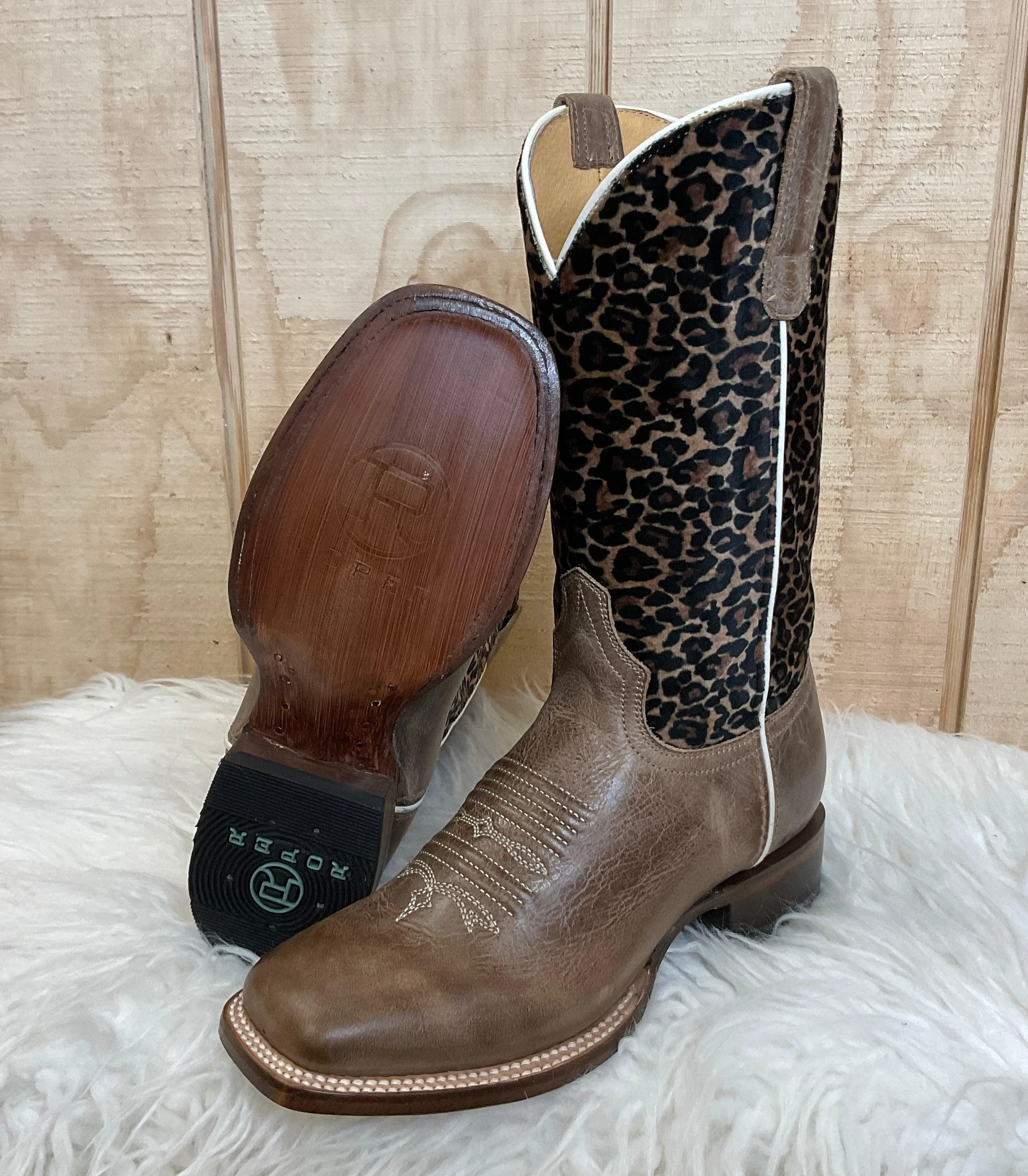 Roper Women's Waxy Brown Leather & Cheetah Top Square Toe Cowgirl Boots 7016-8260