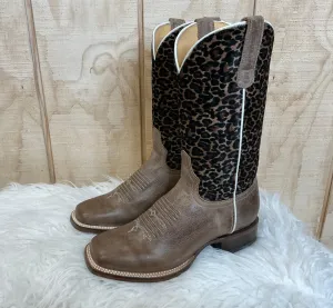 Roper Women's Waxy Brown Leather & Cheetah Top Square Toe Cowgirl Boots 7016-8260