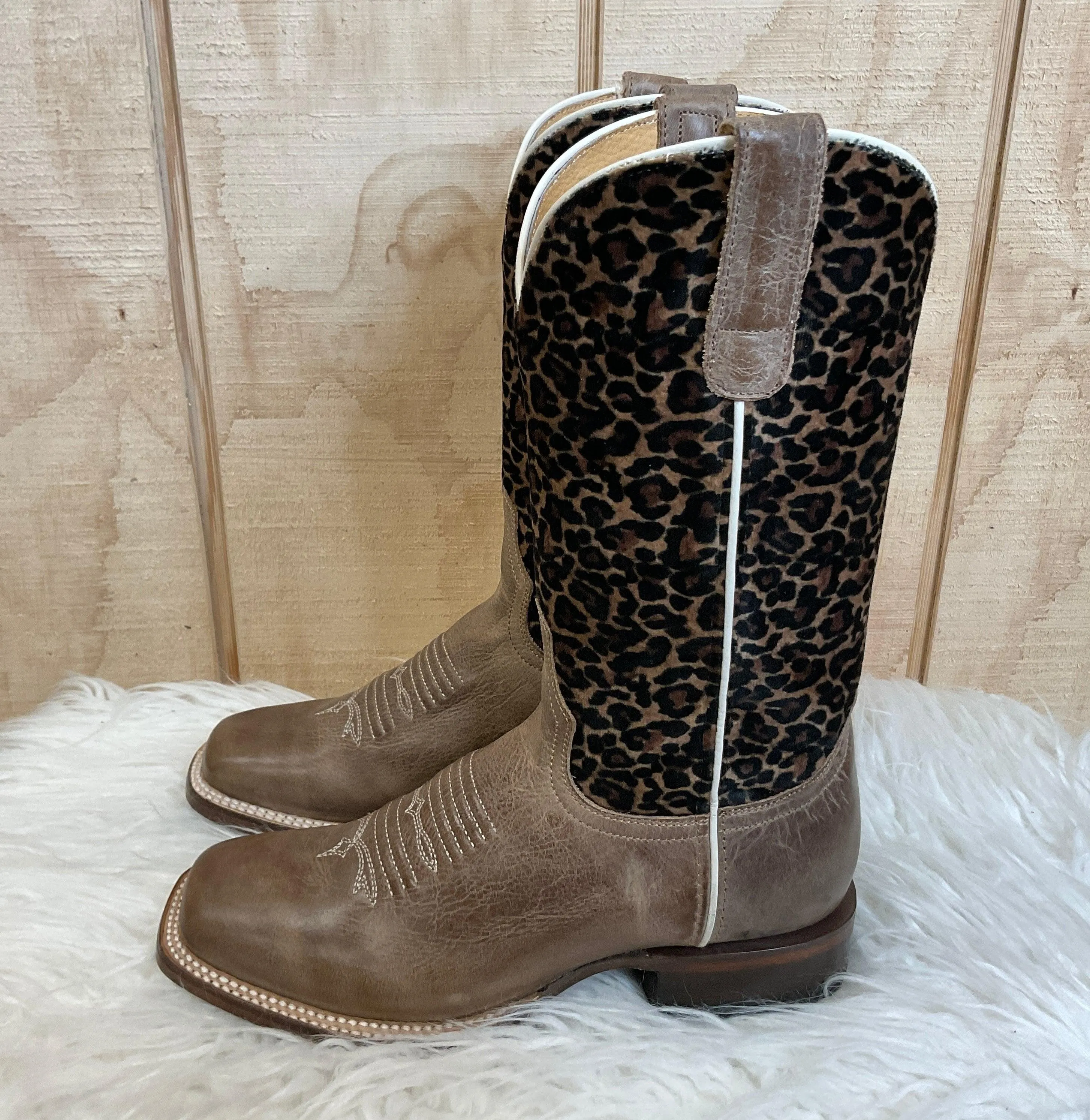 Roper Women's Waxy Brown Leather & Cheetah Top Square Toe Cowgirl Boots 7016-8260