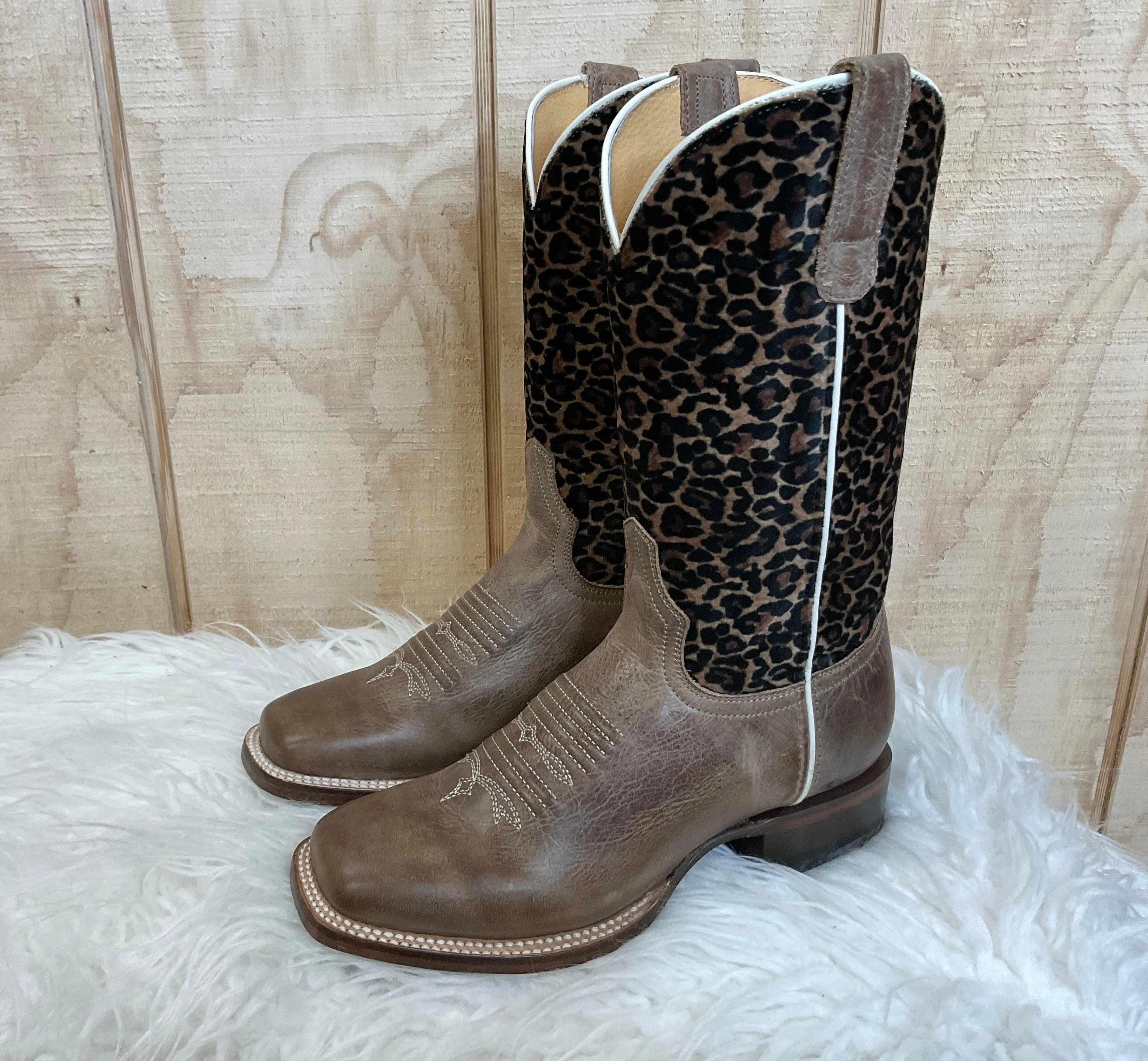 Roper Women's Waxy Brown Leather & Cheetah Top Square Toe Cowgirl Boots 7016-8260