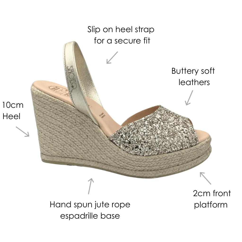 Roxy Espadrille Wedge in Champagne Glitter