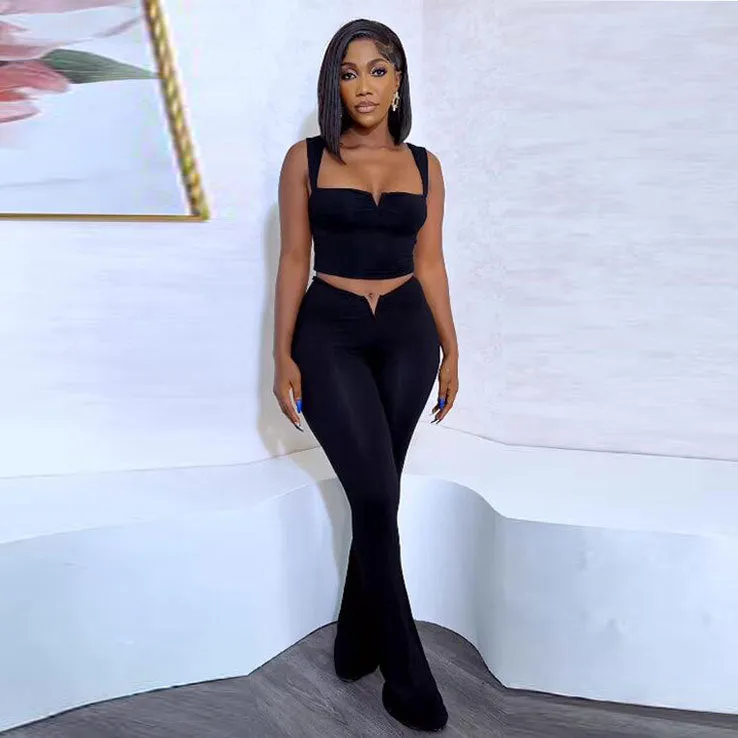 Sleek V-Neck Crop Top and High-Waisted Flared Pants Two-Piece Set