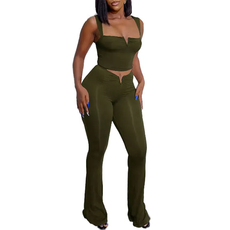 Sleek V-Neck Crop Top and High-Waisted Flared Pants Two-Piece Set