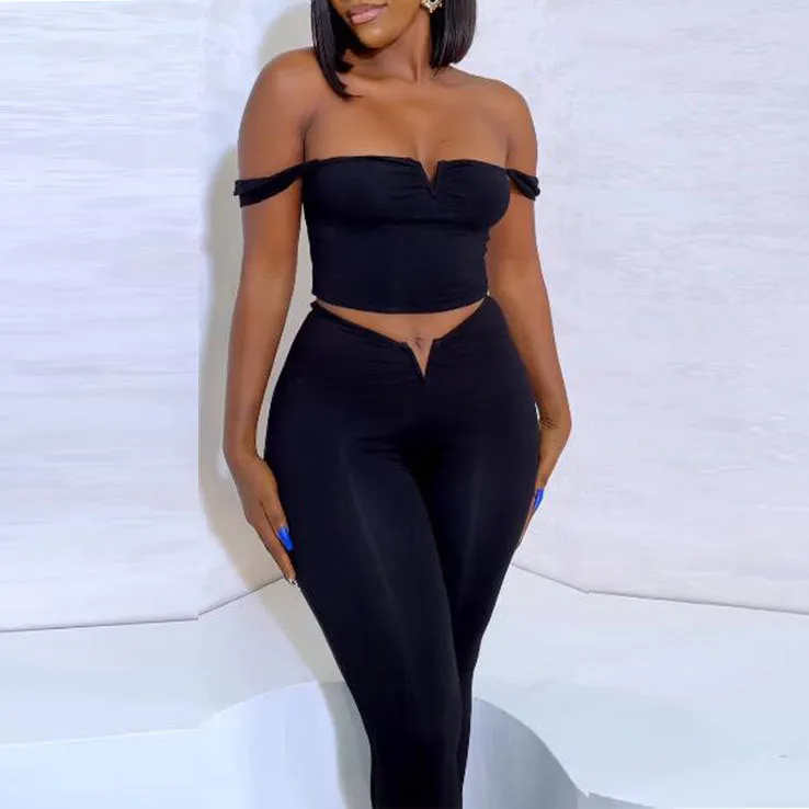 Sleek V-Neck Crop Top and High-Waisted Flared Pants Two-Piece Set