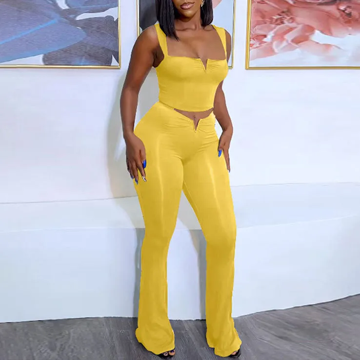 Sleek V-Neck Crop Top and High-Waisted Flared Pants Two-Piece Set