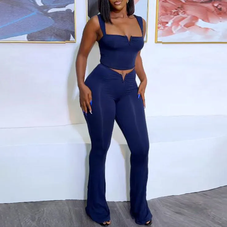 Sleek V-Neck Crop Top and High-Waisted Flared Pants Two-Piece Set