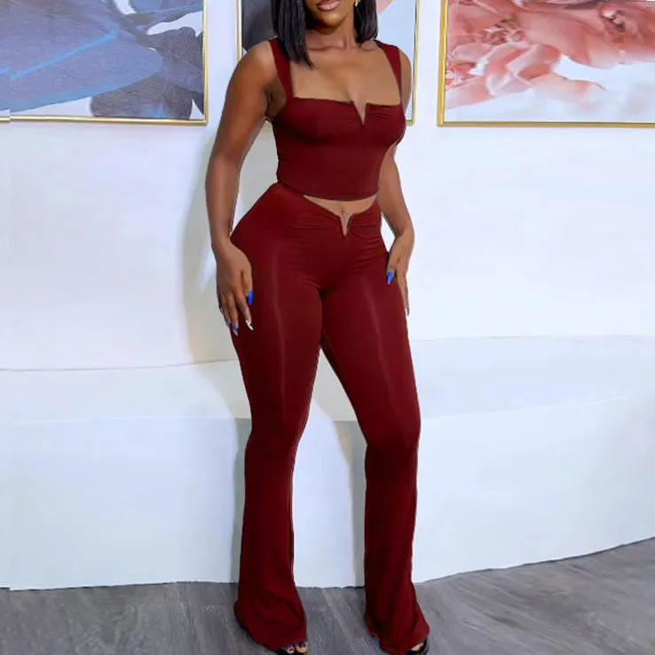 Sleek V-Neck Crop Top and High-Waisted Flared Pants Two-Piece Set