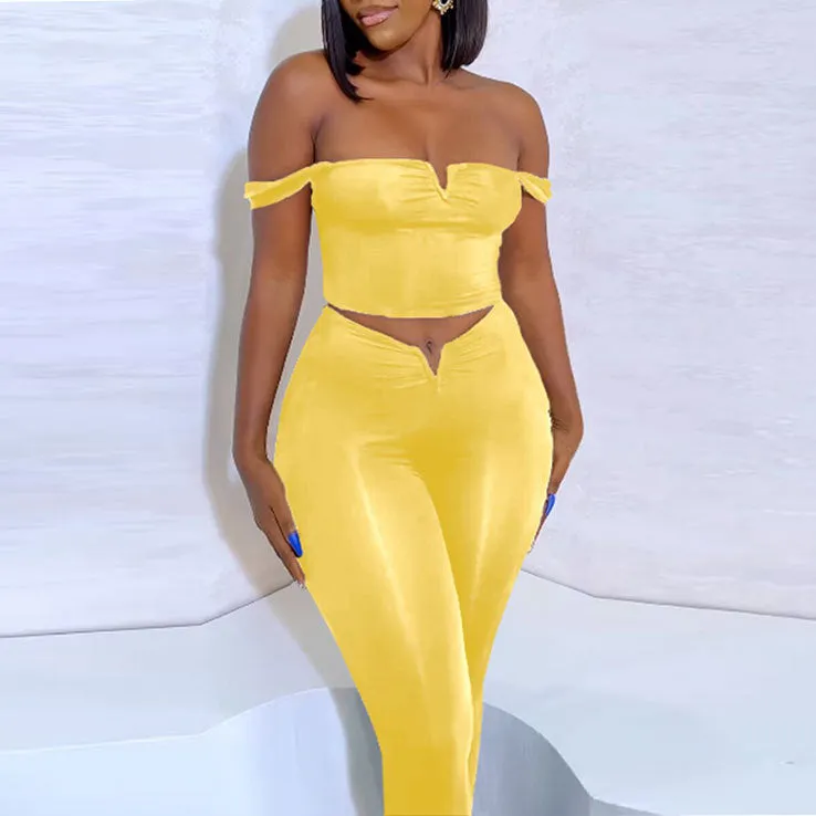 Sleek V-Neck Crop Top and High-Waisted Flared Pants Two-Piece Set
