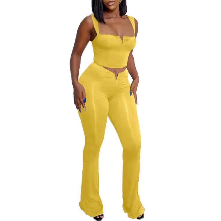 Sleek V-Neck Crop Top and High-Waisted Flared Pants Two-Piece Set