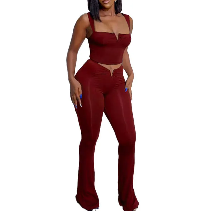 Sleek V-Neck Crop Top and High-Waisted Flared Pants Two-Piece Set