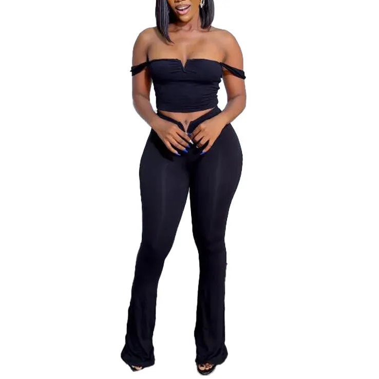 Sleek V-Neck Crop Top and High-Waisted Flared Pants Two-Piece Set