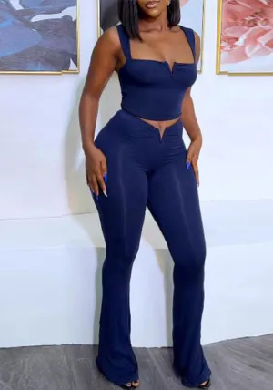 Sleek V-Neck Crop Top and High-Waisted Flared Pants Two-Piece Set