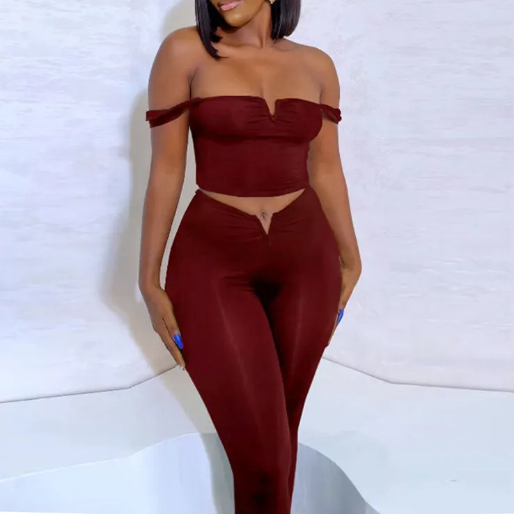 Sleek V-Neck Crop Top and High-Waisted Flared Pants Two-Piece Set