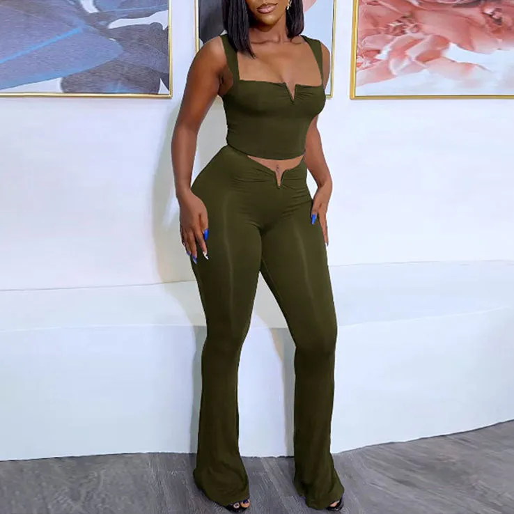 Sleek V-Neck Crop Top and High-Waisted Flared Pants Two-Piece Set