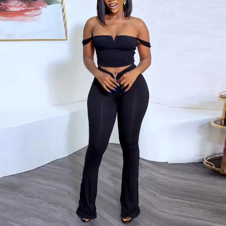 Sleek V-Neck Crop Top and High-Waisted Flared Pants Two-Piece Set