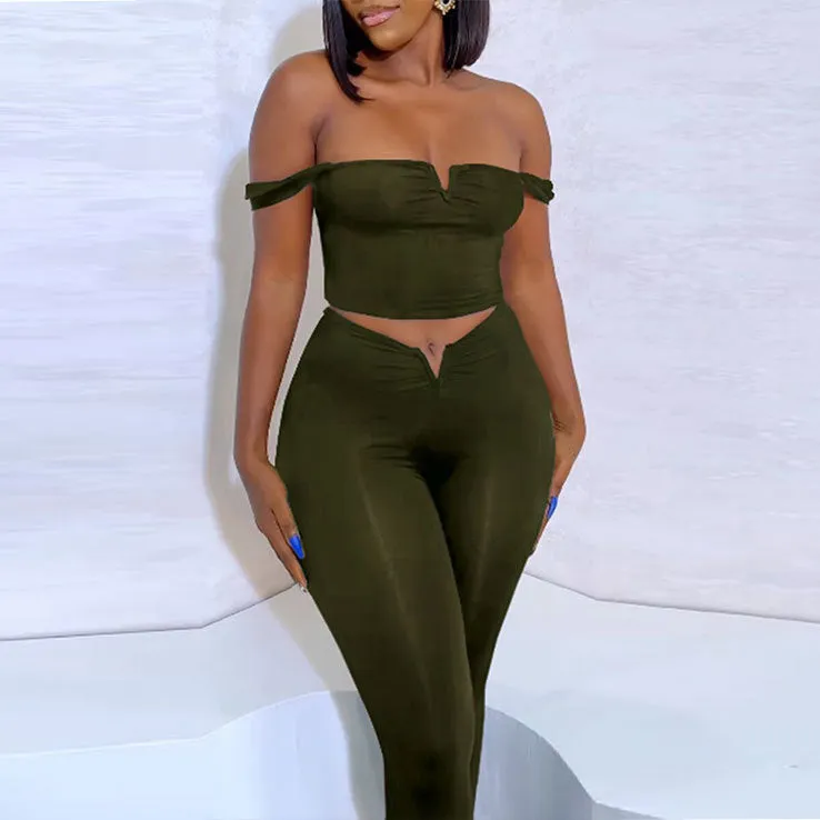 Sleek V-Neck Crop Top and High-Waisted Flared Pants Two-Piece Set