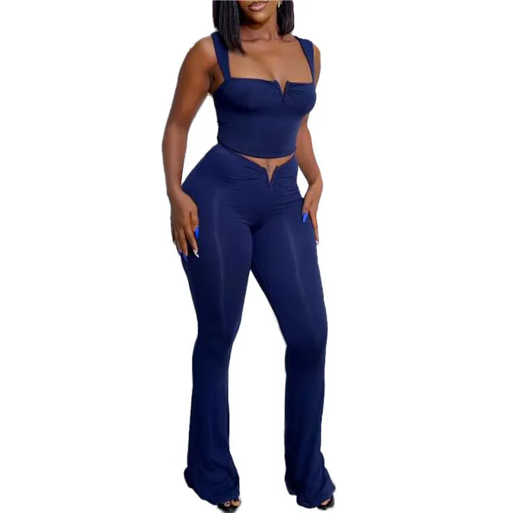 Sleek V-Neck Crop Top and High-Waisted Flared Pants Two-Piece Set