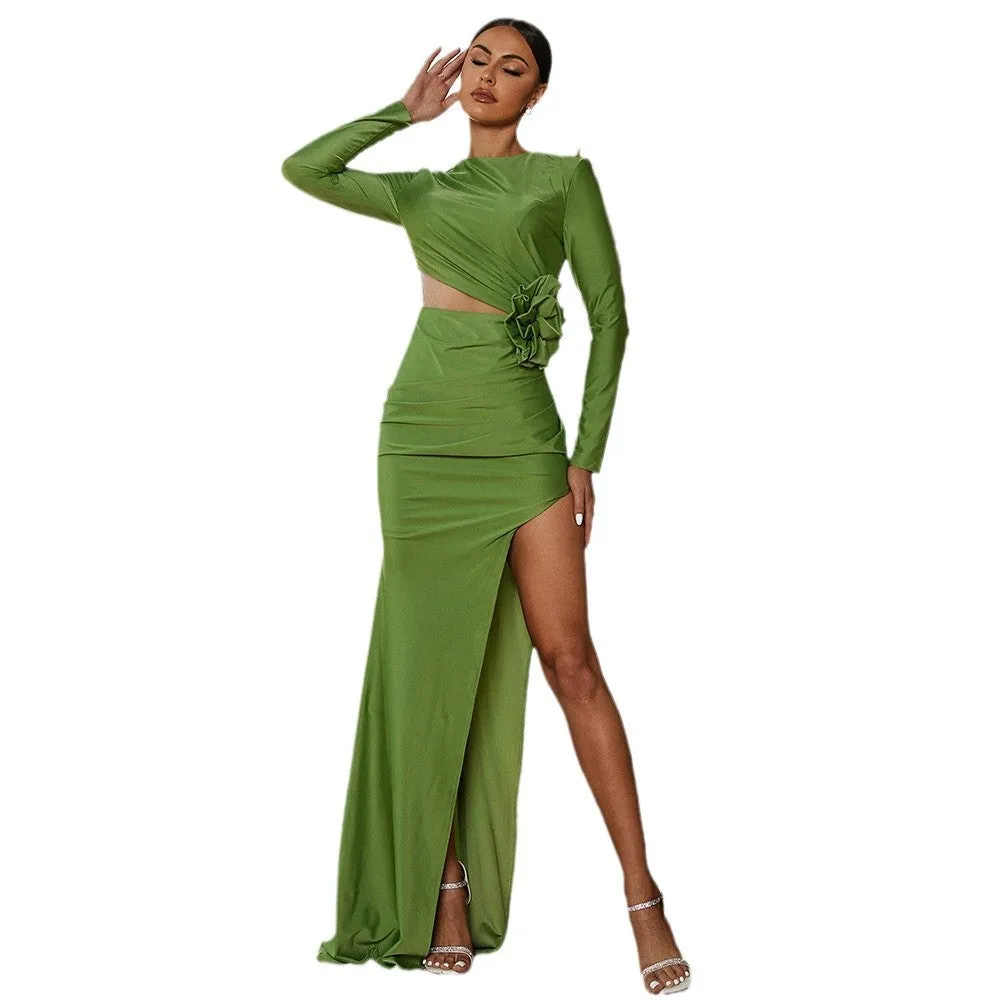 Sophisticated Long-Sleeve Round-Neck Hollow Slit Evening Dress for Timeless Elegance