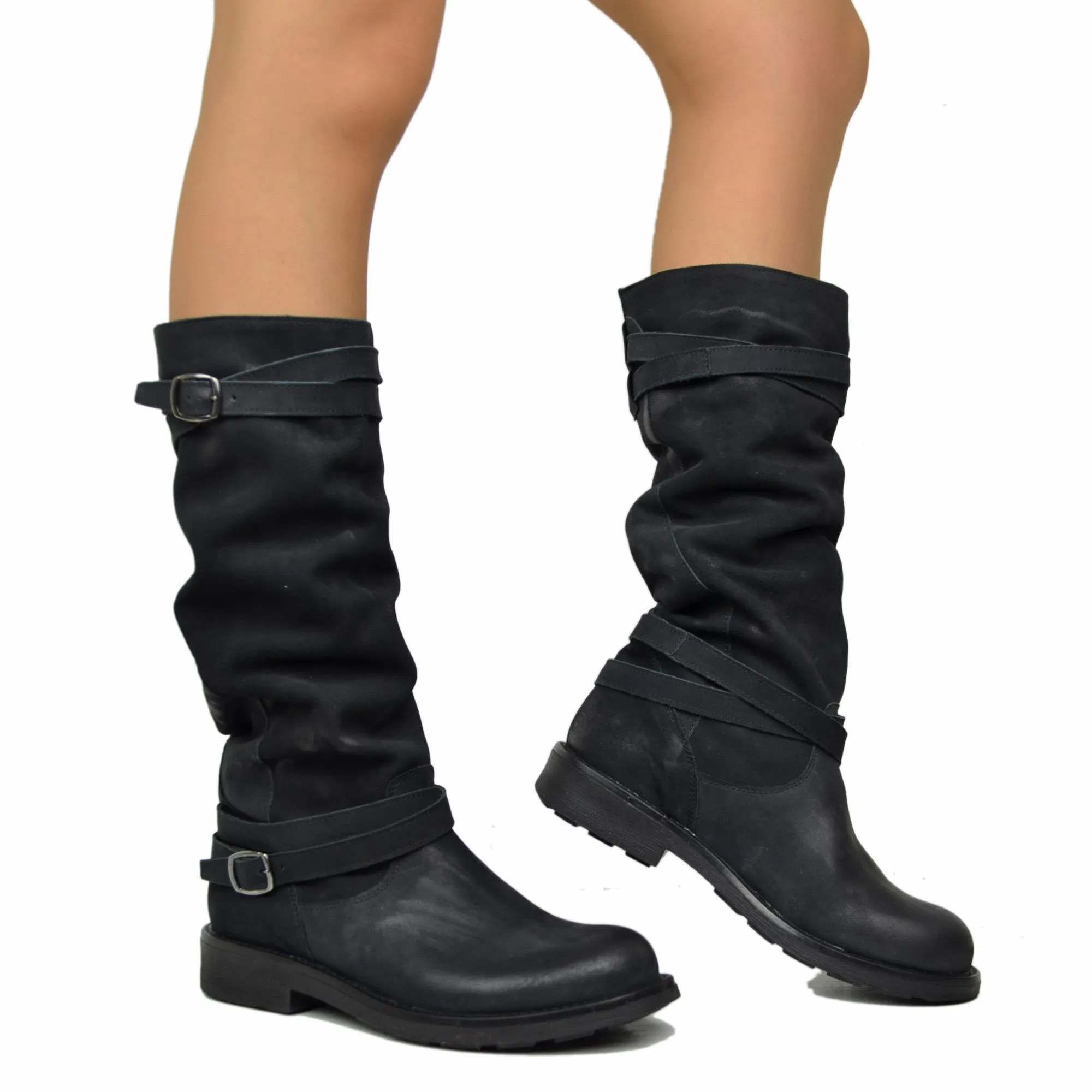Stivali Camperos Alti Donna in Pelle Vintage Sfumata Neri