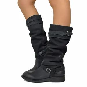 Stivali Camperos Alti Donna in Pelle Vintage Sfumata Neri