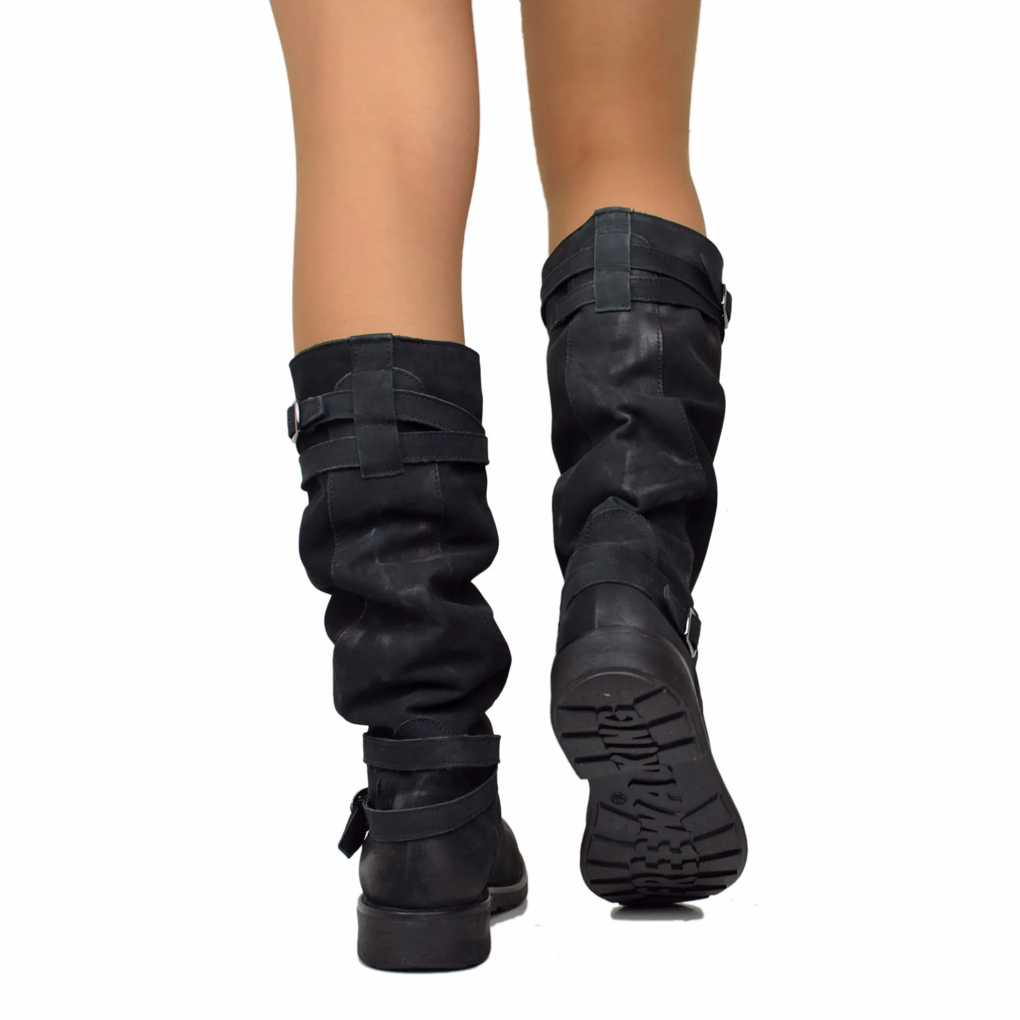 Stivali Camperos Alti Donna in Pelle Vintage Sfumata Neri