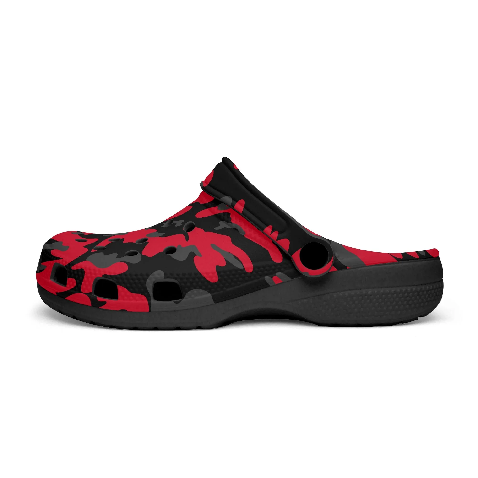 Stylish Military Camo Clogs – Red, Black & Gray Army-Inspired Print