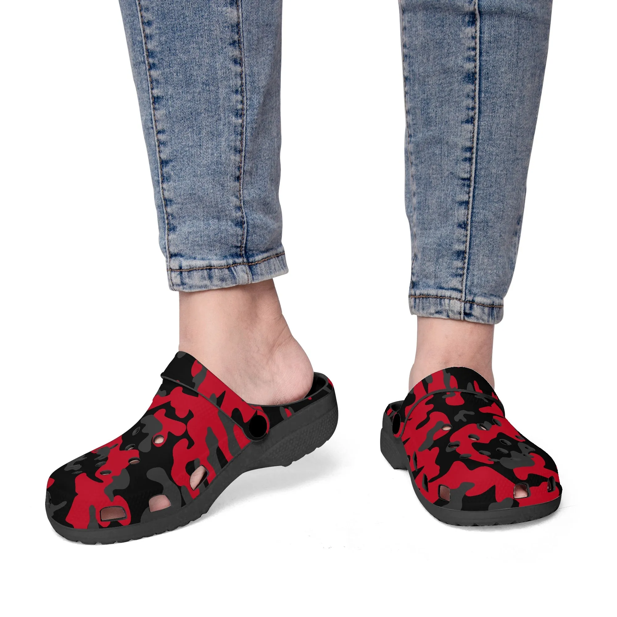 Stylish Military Camo Clogs – Red, Black & Gray Army-Inspired Print