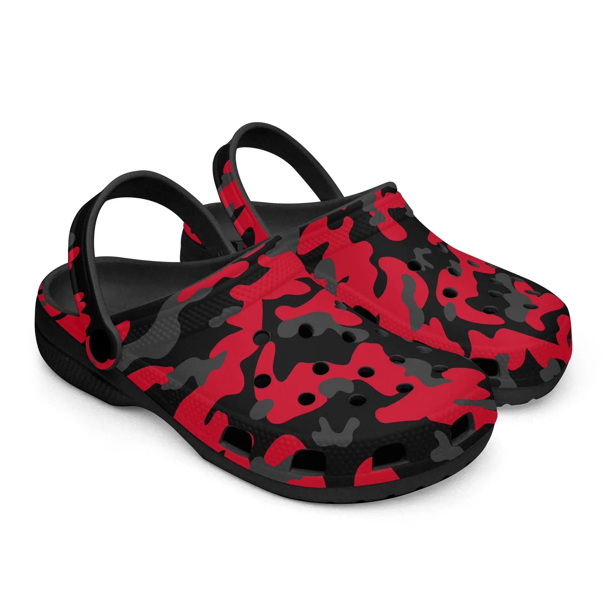 Stylish Military Camo Clogs – Red, Black & Gray Army-Inspired Print