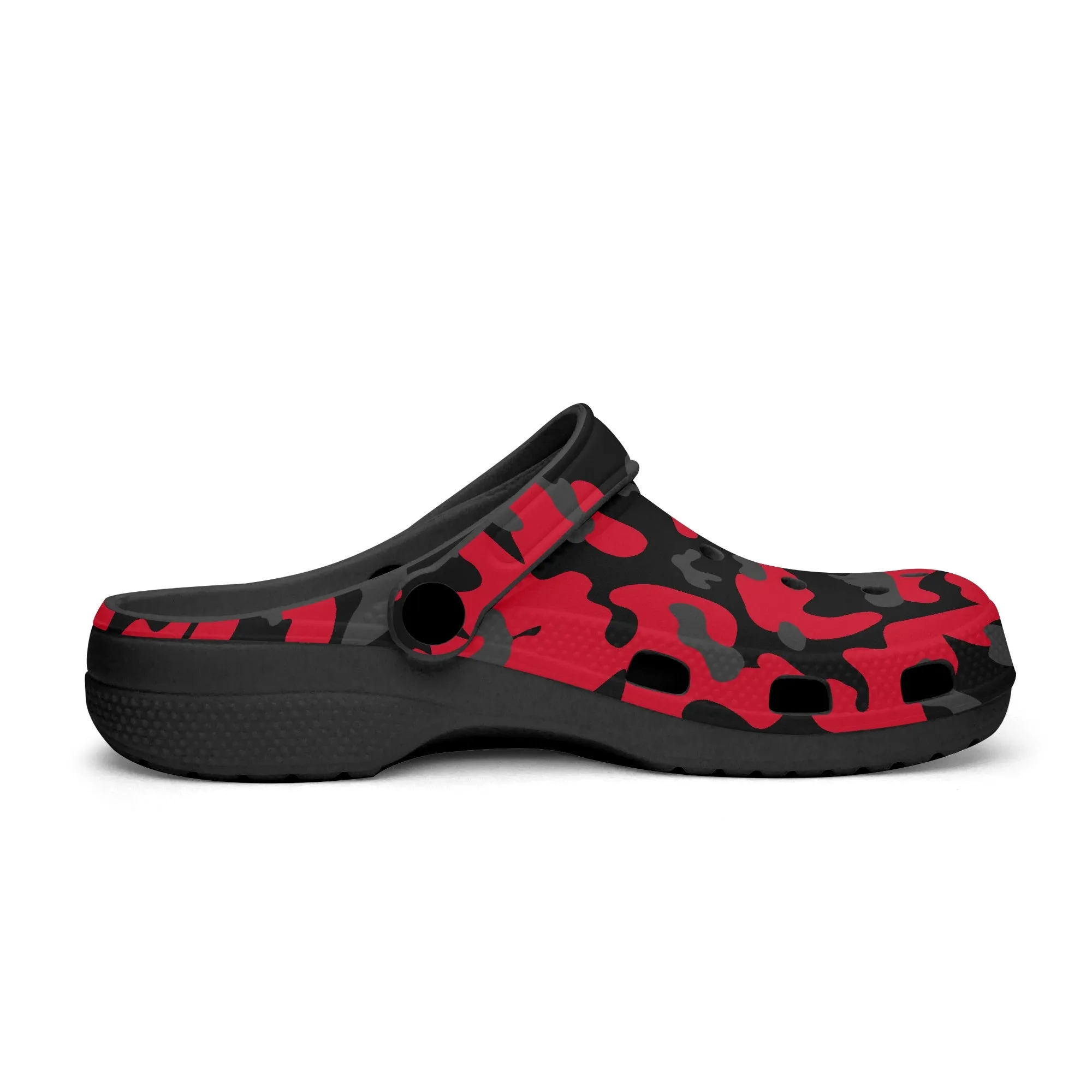 Stylish Military Camo Clogs – Red, Black & Gray Army-Inspired Print