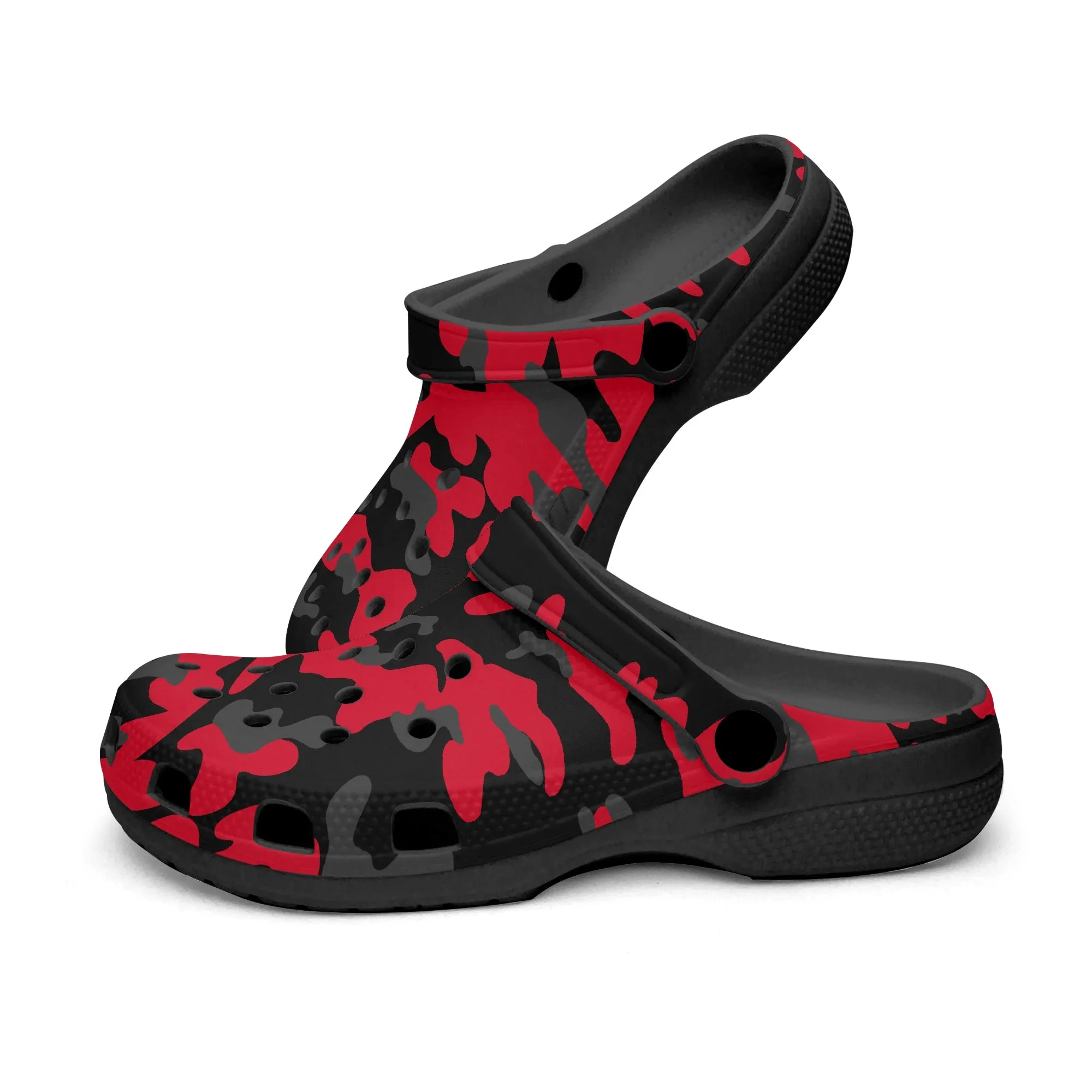 Stylish Military Camo Clogs – Red, Black & Gray Army-Inspired Print