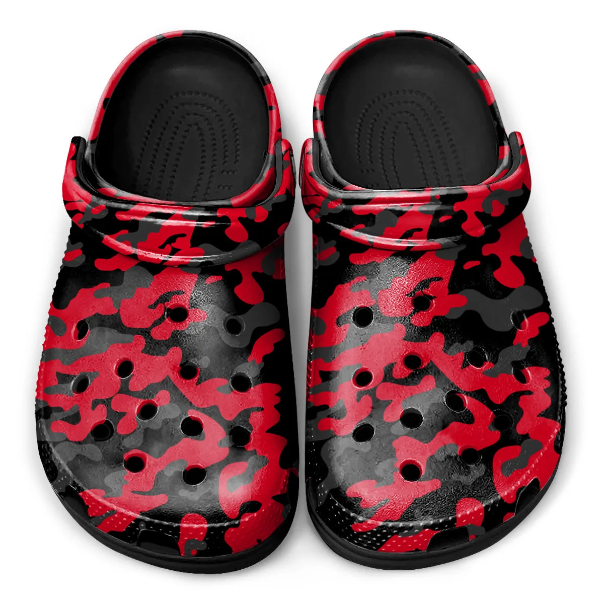 Stylish Military Camo Clogs – Red, Black & Gray Army-Inspired Print