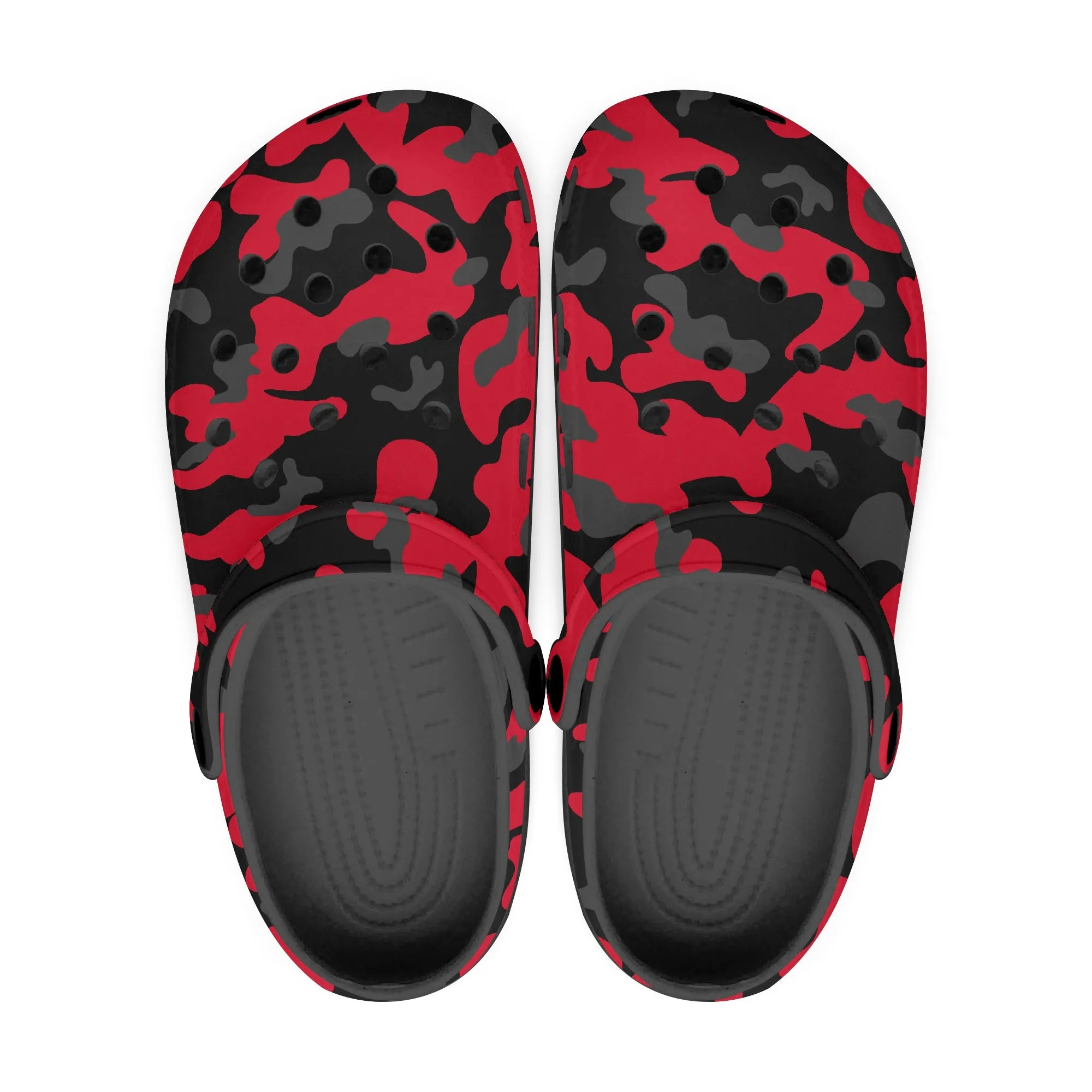 Stylish Military Camo Clogs – Red, Black & Gray Army-Inspired Print