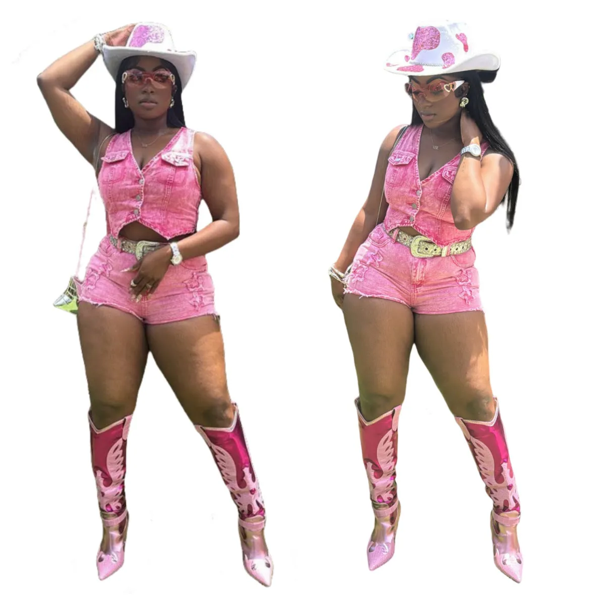 Stylish Stretch Denim Embroidered Vest and Shorts Two-Piece Set