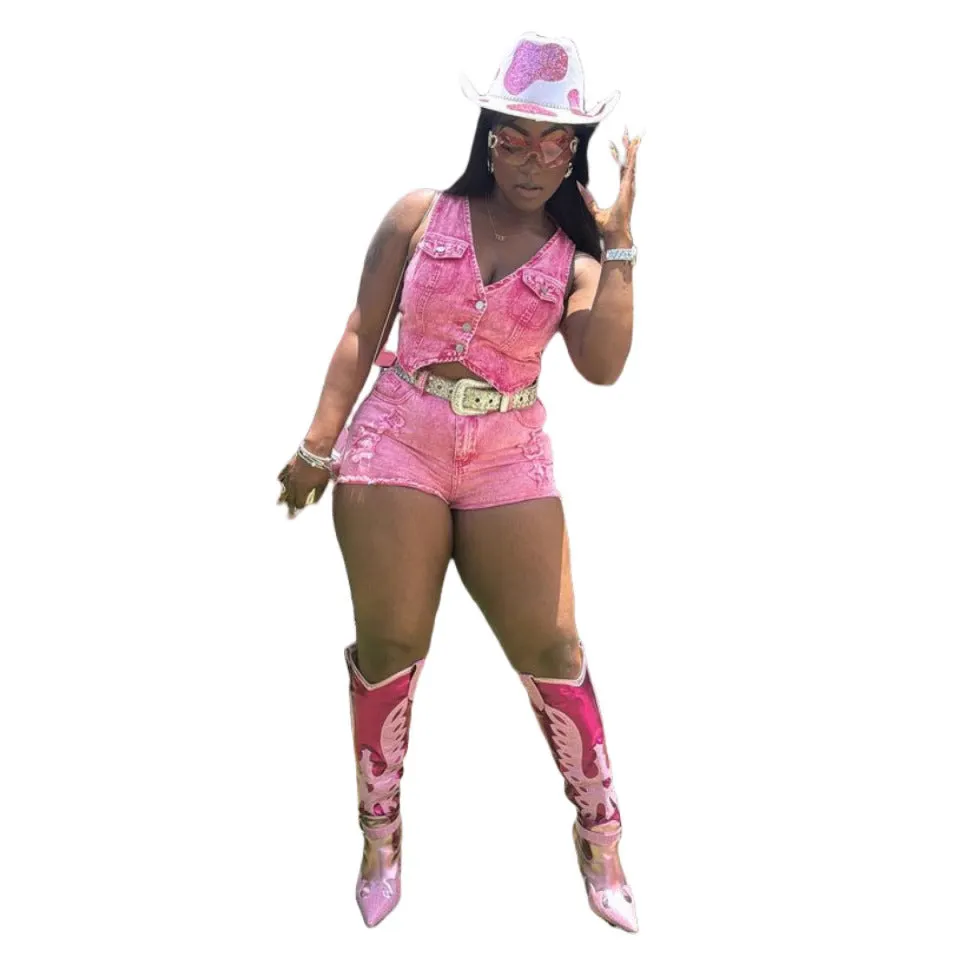 Stylish Stretch Denim Embroidered Vest and Shorts Two-Piece Set