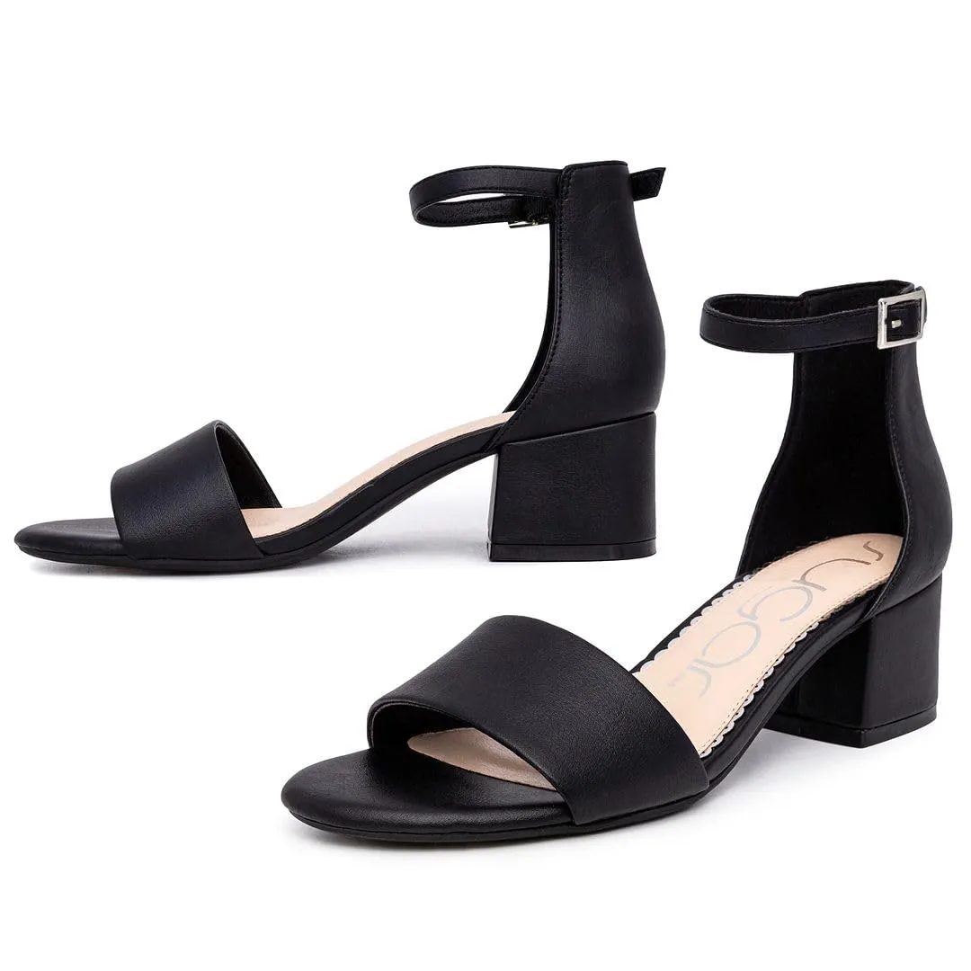 Sugar Women's Low Two Piece Block Heel Dress Shoe Ladies Ankle Strap Pump Sandal-Noelle-Black Smooth-6