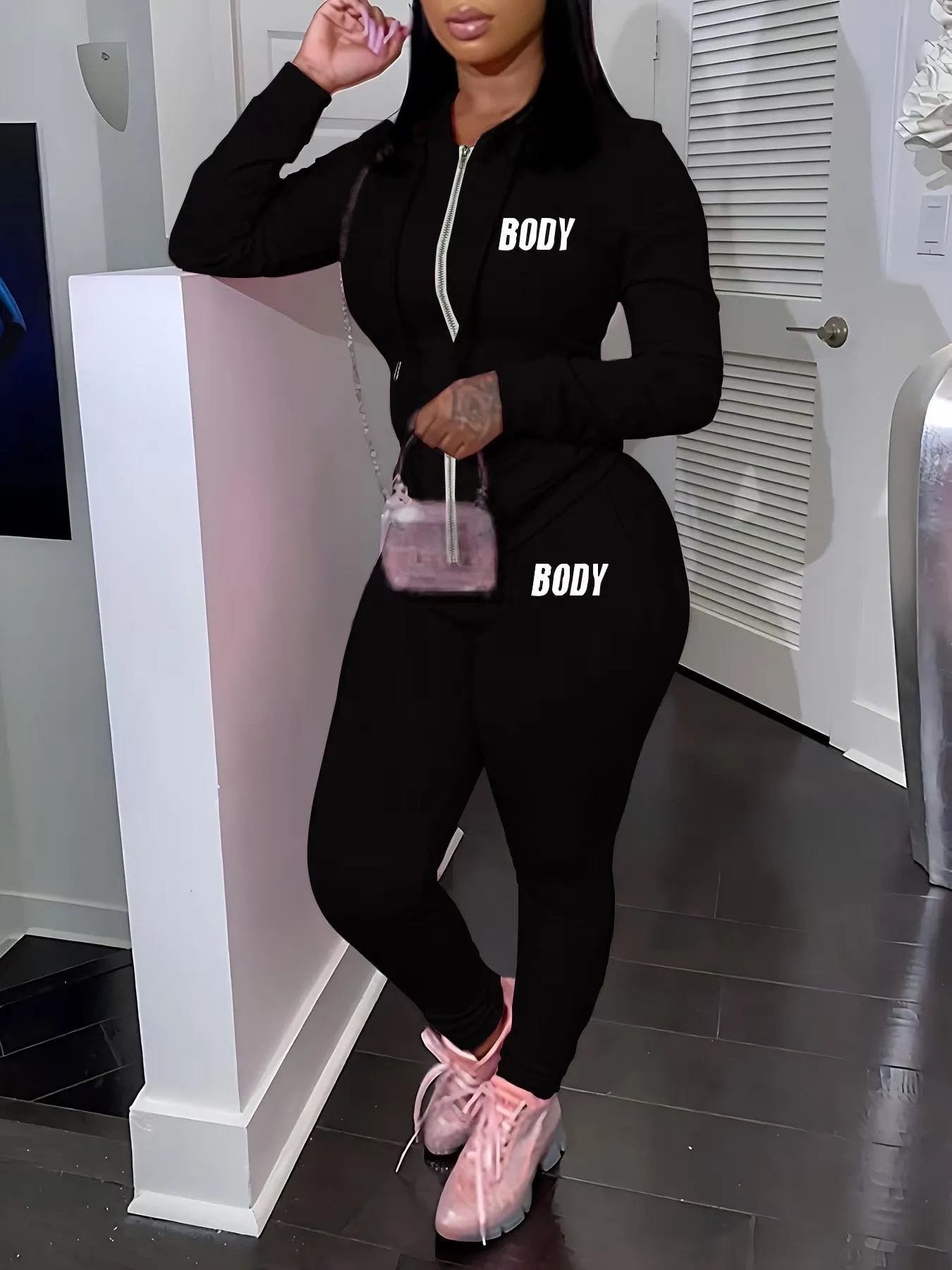 Trendy Zip-Up Printed Sporty Two-Piece Set with Bodycon Fit