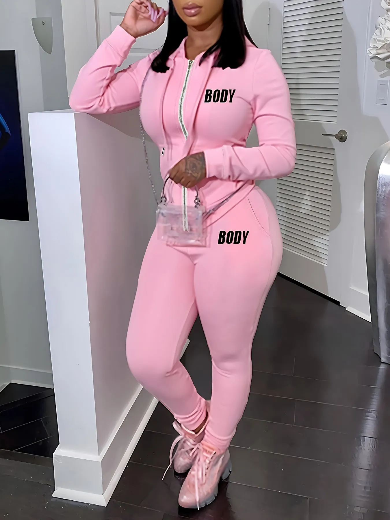 Trendy Zip-Up Printed Sporty Two-Piece Set with Bodycon Fit