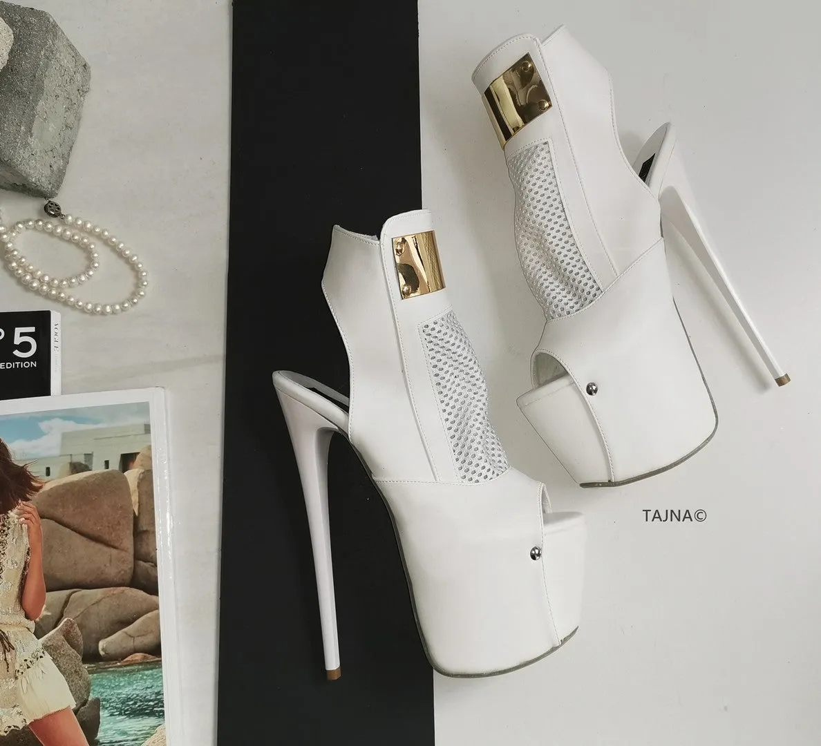 White Fishnet Platform High Heels