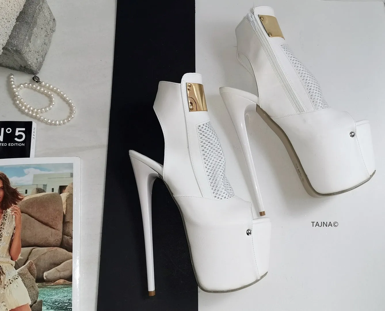 White Fishnet Platform High Heels