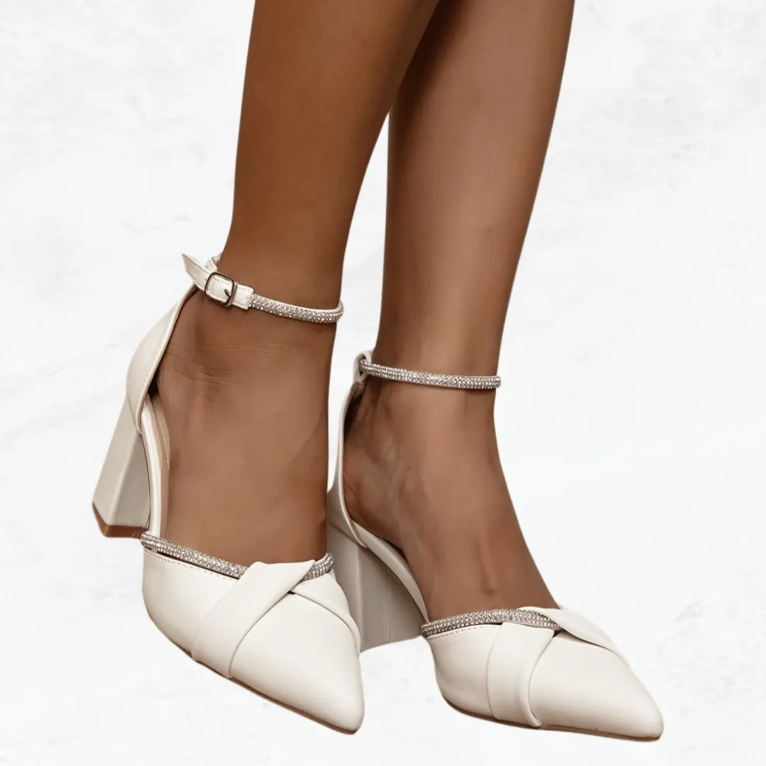 White Pointed Toe Heels - Rhinestone Bow, Wedding Shoes, High Heels, Women's Sandals, All Seasons