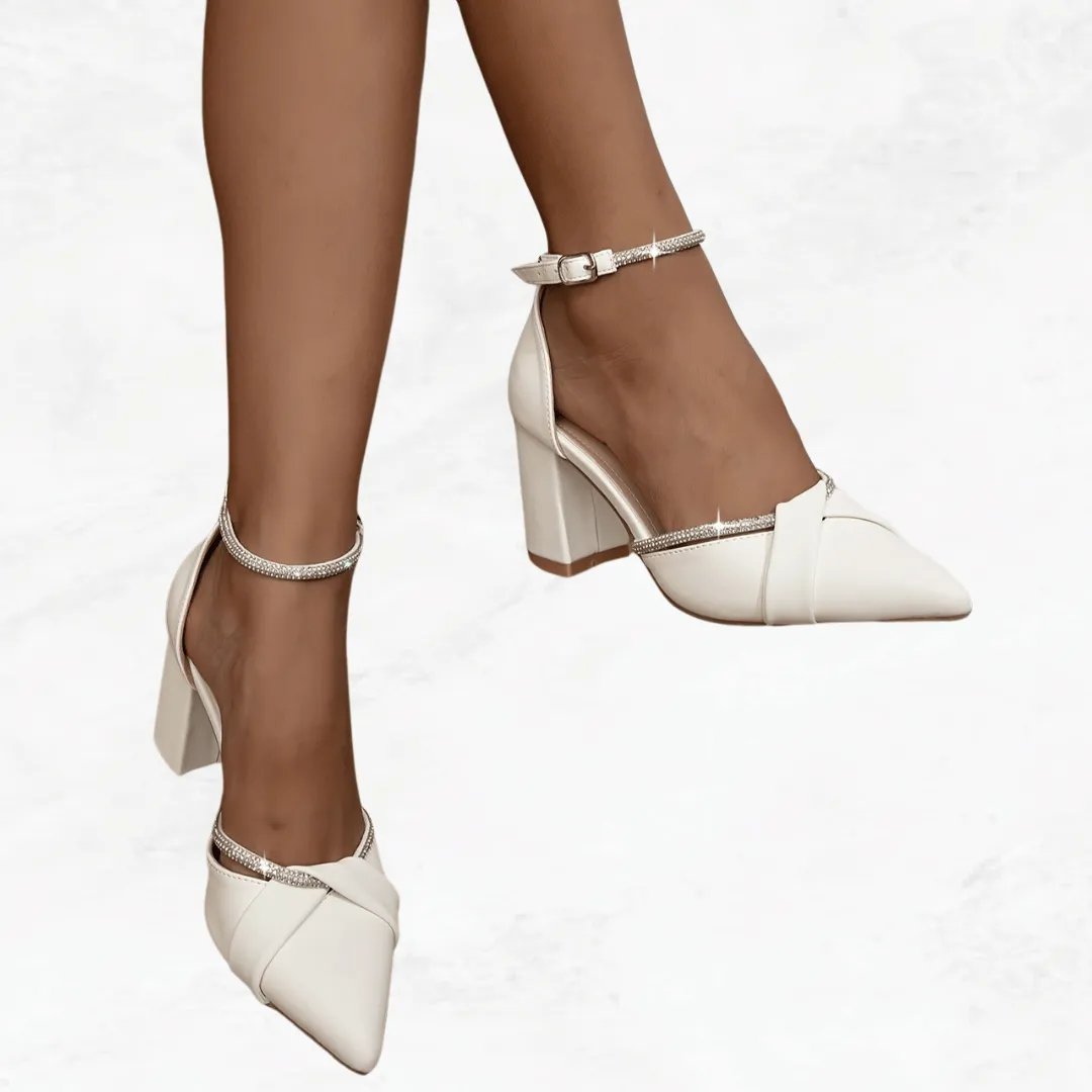 White Pointed Toe Heels - Rhinestone Bow, Wedding Shoes, High Heels, Women's Sandals, All Seasons